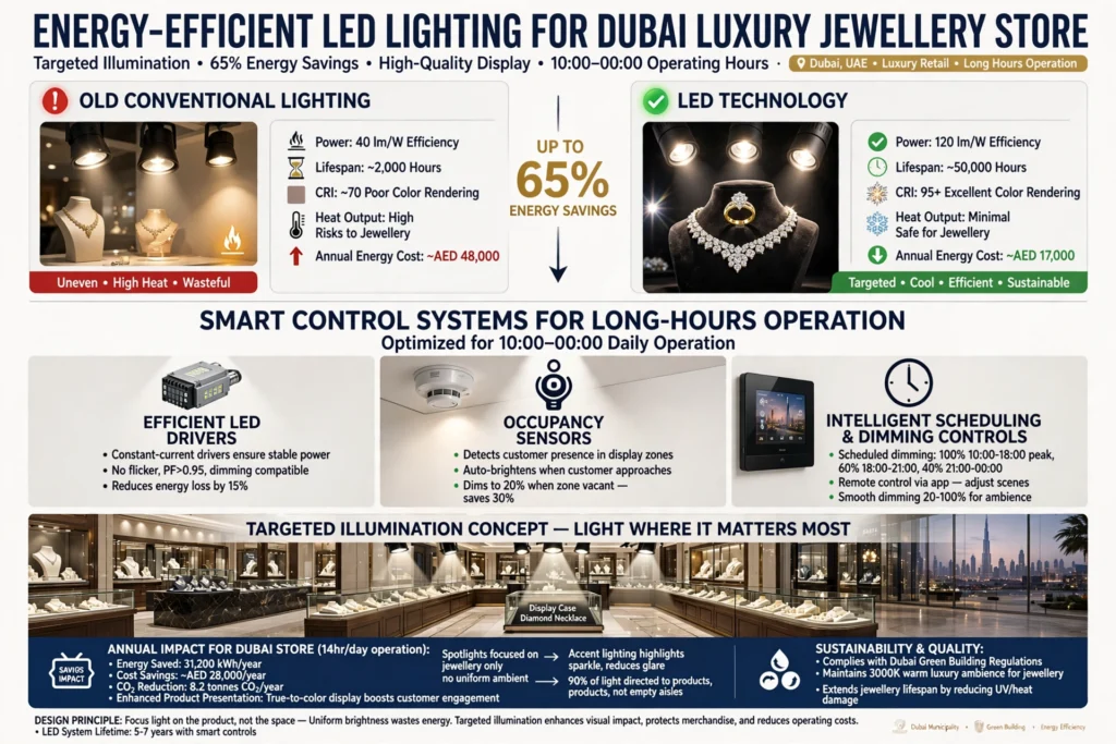 Adjustable LED spotlight focused on a jewellery display