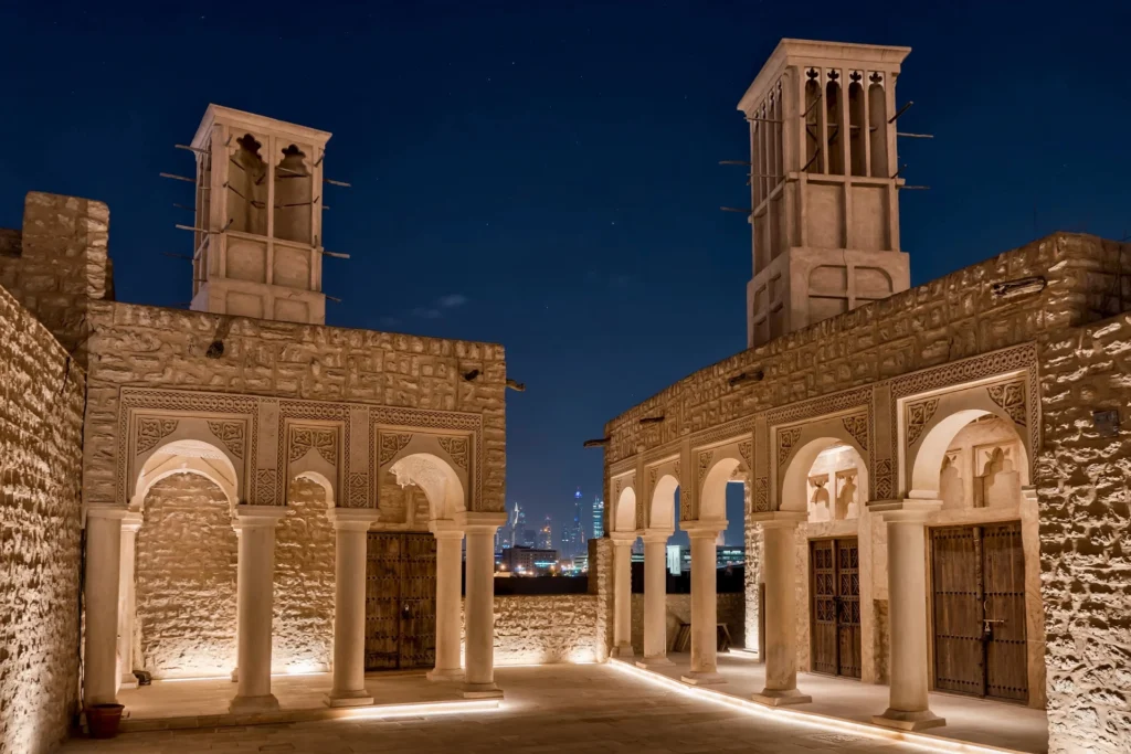 Heritage building illuminated with warm white LED architectural lighting at night