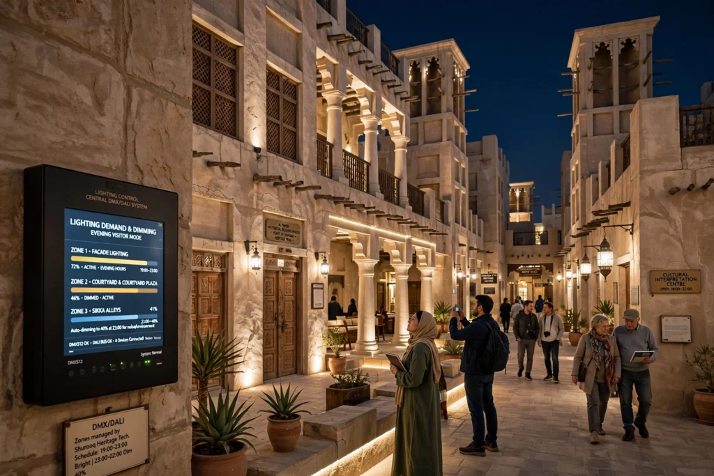 Traditional architecture in Al Fahidi Historical Neighbourhood illuminated at night