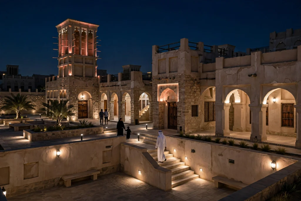 Traditional building in Heart of Sharjah illuminated with warm architectural lighting
