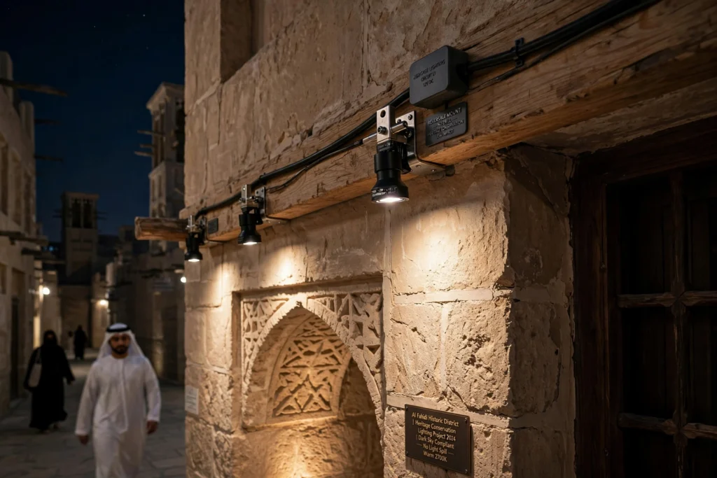 Heritage building in Dubai illuminated with warm architectural LED lighting