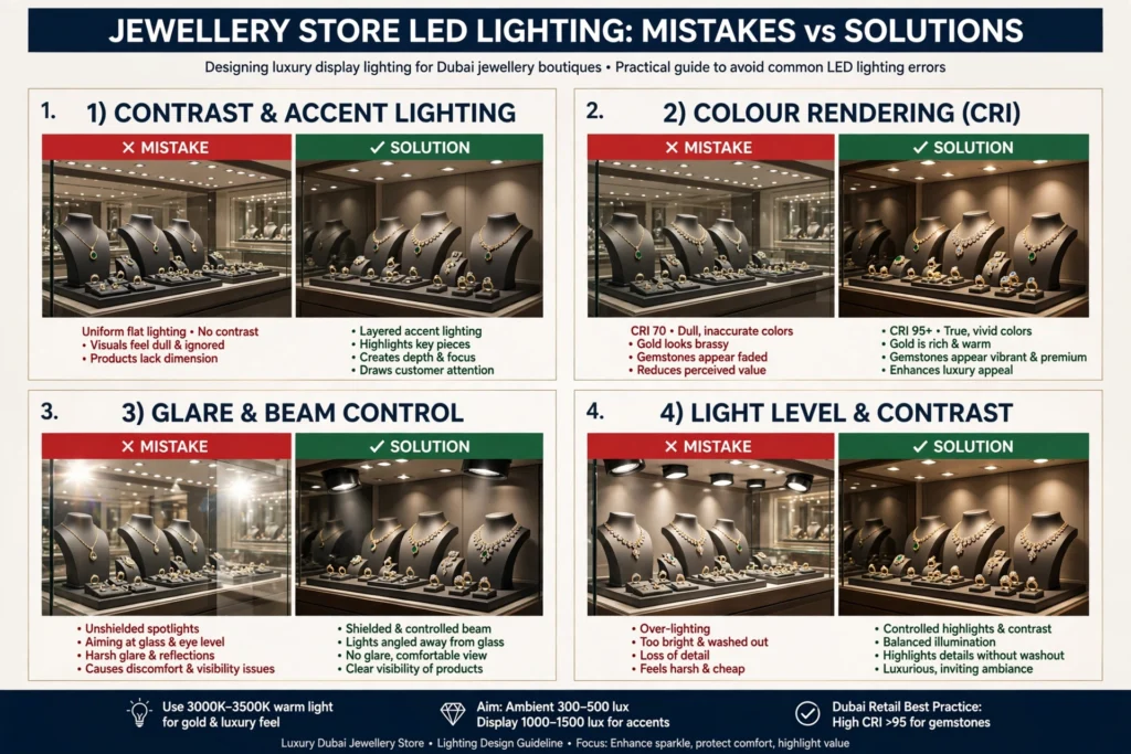 Recessed LED downlights providing ambient lighting in a jewellery showroom