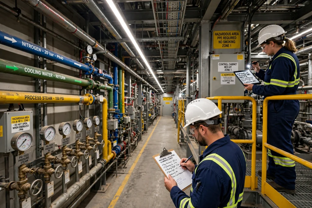 Explosion-proof LED floodlights illuminating an industrial process area