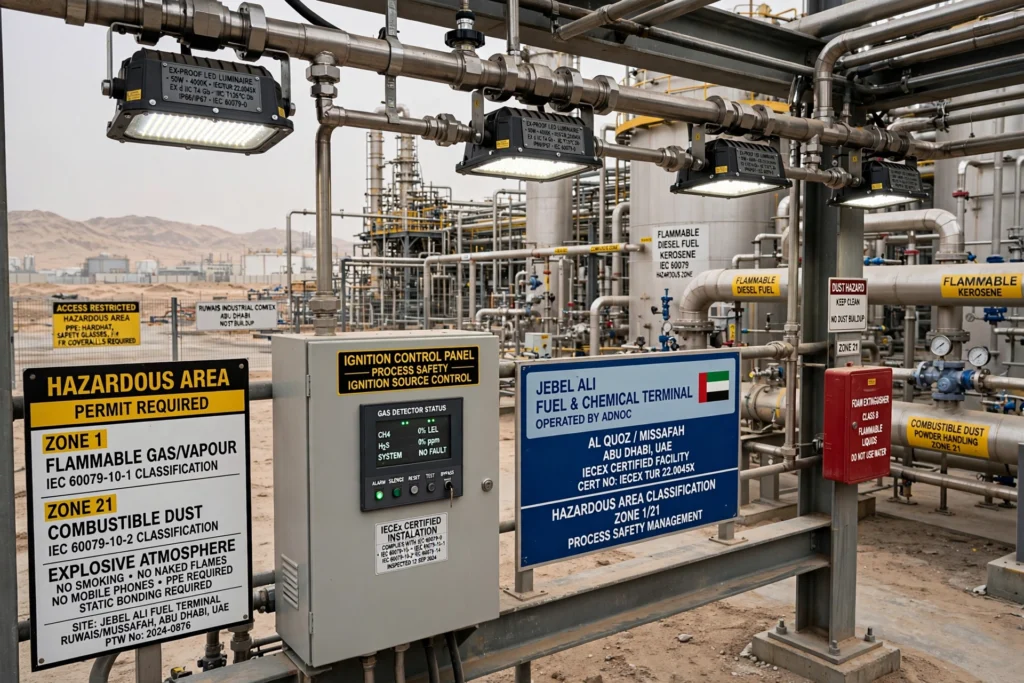 Explosion-proof LED lighting installed in a hazardous industrial area
