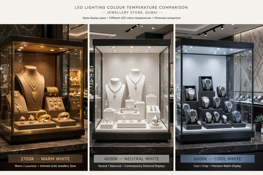 LED accent lighting illuminating jewellery displays in a retail showroom
