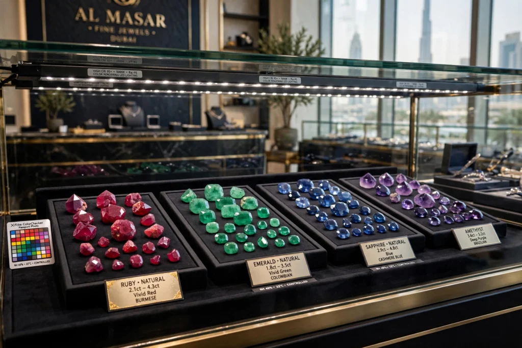 Warm LED lighting displaying gold jewellery in a luxury showroom