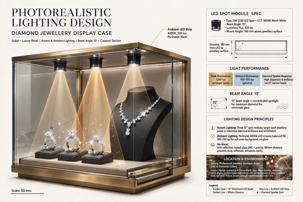 High CRI LED spotlights highlighting diamond jewellery in a display case