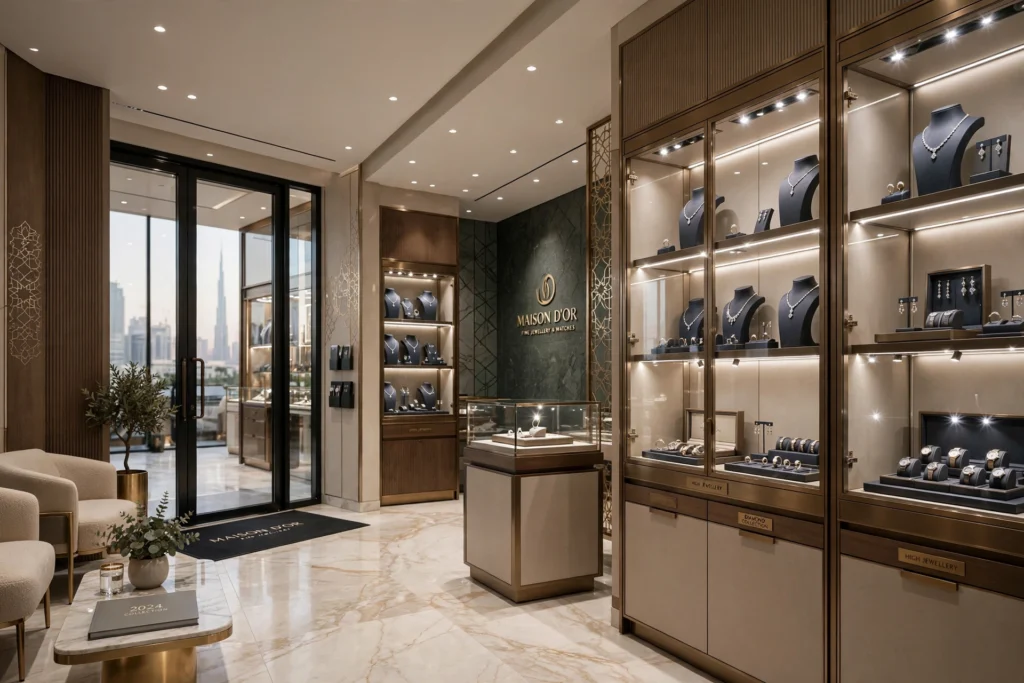 LED display case lighting highlighting jewellery products through glass