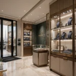 LED display case lighting highlighting jewellery products through glass