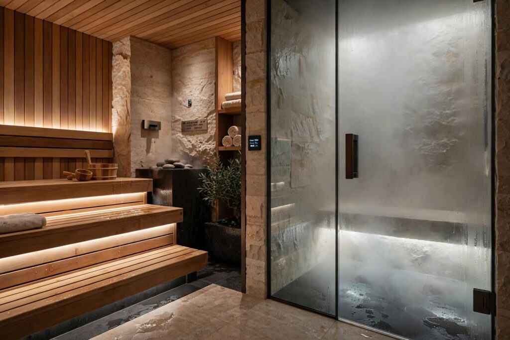Modern spa reception desk illuminated with architectural LED lighting