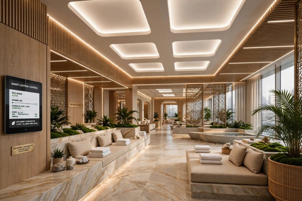 Elegant wellness centre reception with layered ambient and accent lighting