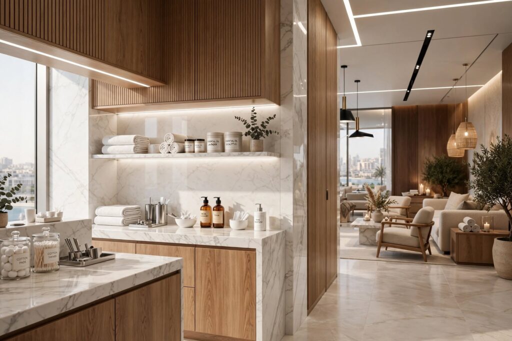 Contemporary treatment room with soft warm lighting and relaxing interior design
