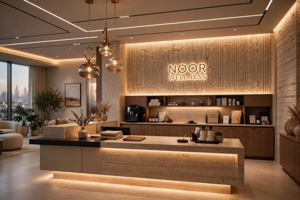 Concealed LED strip lighting integrated into a modern spa ceiling and wall design