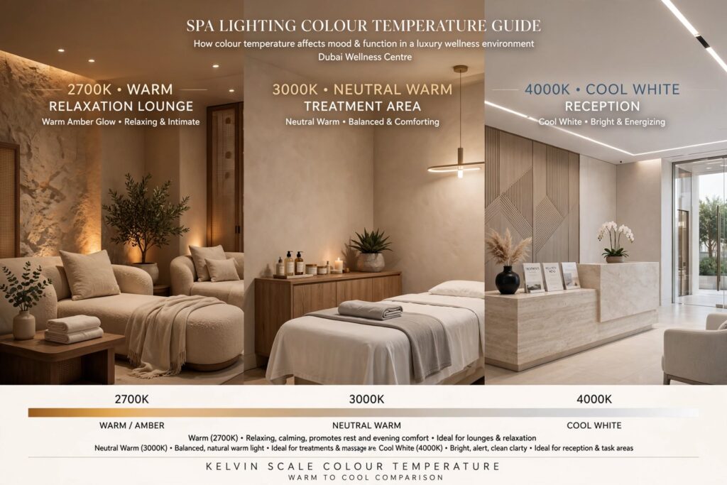 Luxury spa interior in Dubai with warm architectural LED lighting