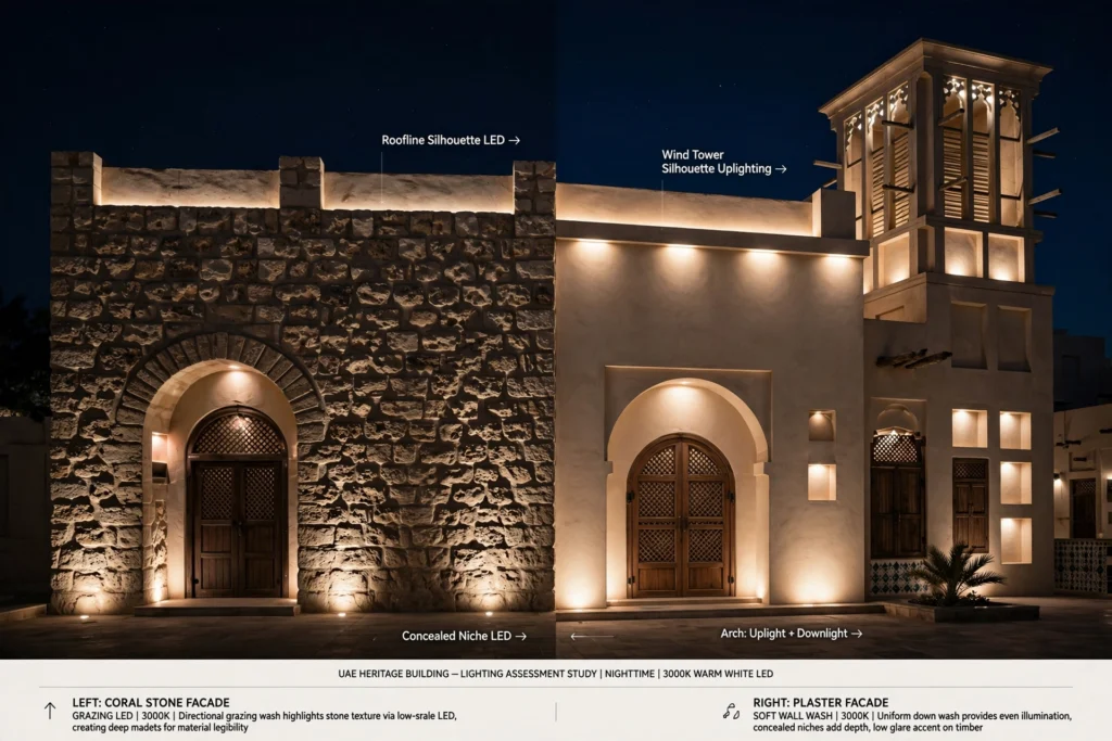 Traditional architecture illuminated with subtle warm LED lighting