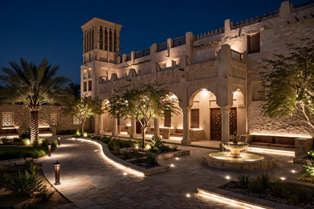 Traditional heritage building in Bur Dubai illuminated with warm LED lights