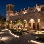 Traditional heritage building in Bur Dubai illuminated with warm LED lights