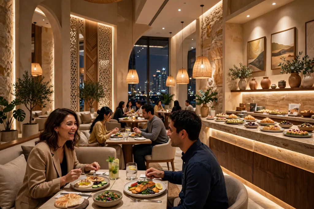 Modern commercial buildings with architectural lighting on Al Maryah Island