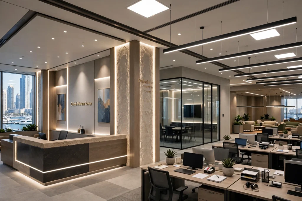Modern commercial tower illuminated with LED lights in Dubai Marina