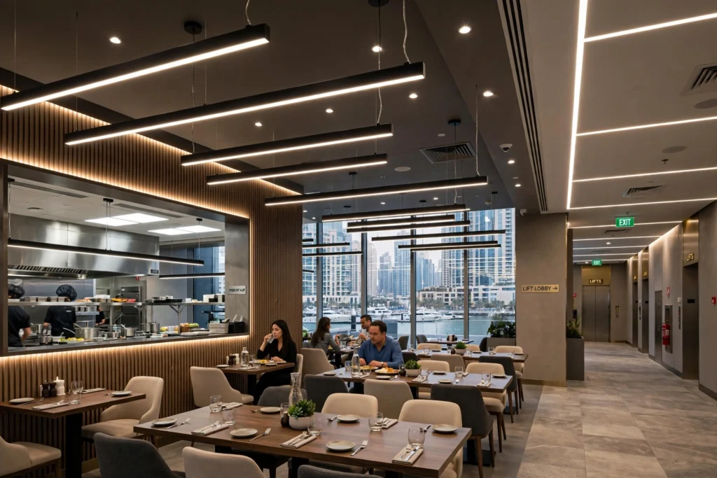 Energy-efficient LED lights used in a Dubai Marina office