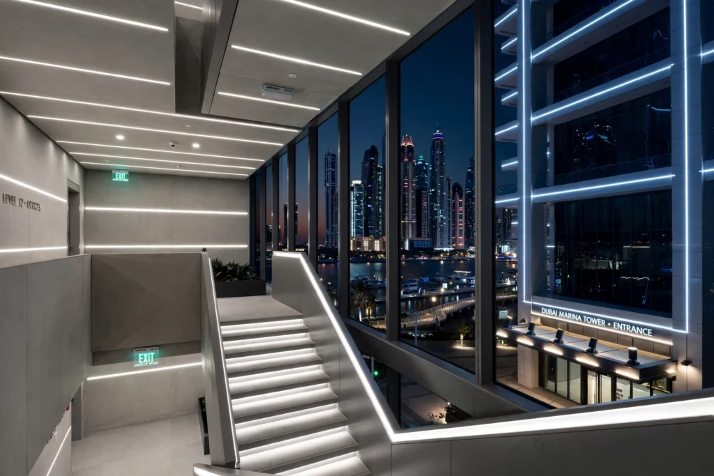 Modern LED ceiling lights in a Dubai Marina office workspace