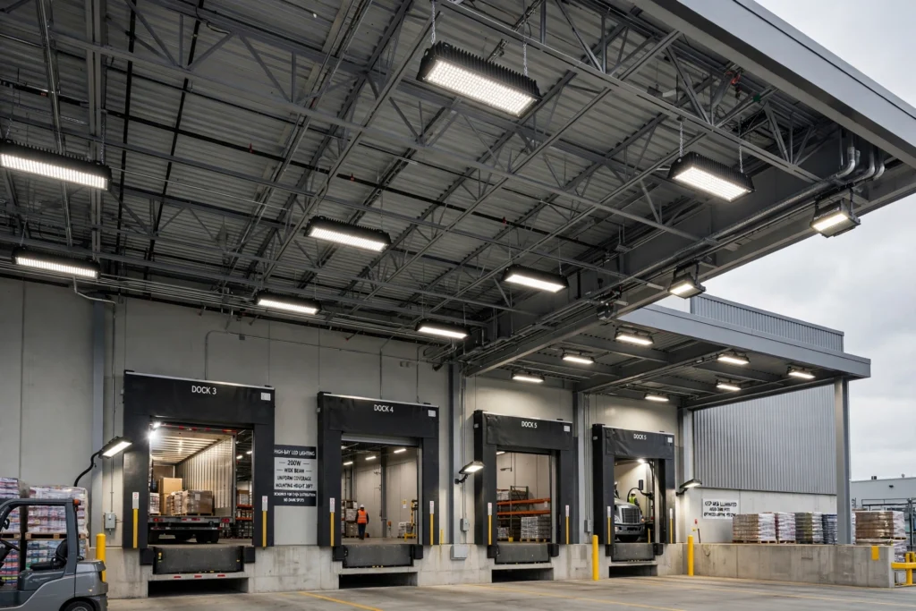 The correct combination depends on the physical design of the dock. An enclosed loading bay may require high-output fixtures mounted to the ceiling, while an external loading apron may require weather-resistant floodlights or canopy lighting.
Some facilities also use adjustable dock lights positioned near individual loading doors. These fixtures can illuminate the inside of a truck or trailer without requiring excessive lighting across the entire loading area.
High-Bay LED Lighting for Loading Areas
High-bay LED fixtures are commonly used in warehouses and industrial buildings with high ceilings. They are designed to distribute substantial amounts of light over large areas while maintaining efficient operation.
For loading docks with high roof structures, high-bay lighting can provide general illumination across multiple loading positions. Optical distribution should be selected according to the building dimensions, mounting height and location of work areas.
A narrow beam may be useful where light needs to reach a specific area, while a wider distribution can provide more uniform coverage. The objective is to avoid extremely bright spots surrounded by dark areas.