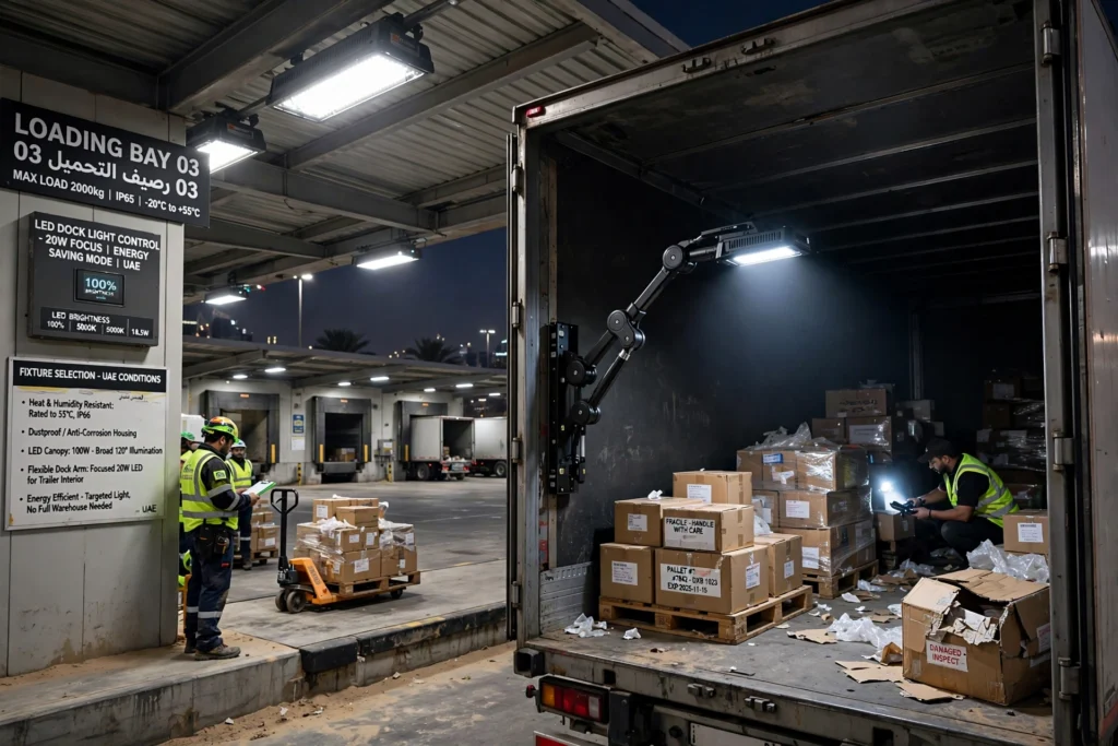 Industrial LED lights installed above loading dock doors