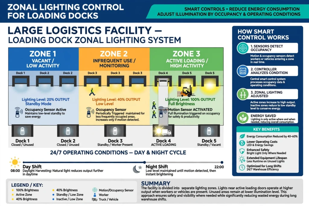 Outdoor LED floodlights illuminating a loading yard