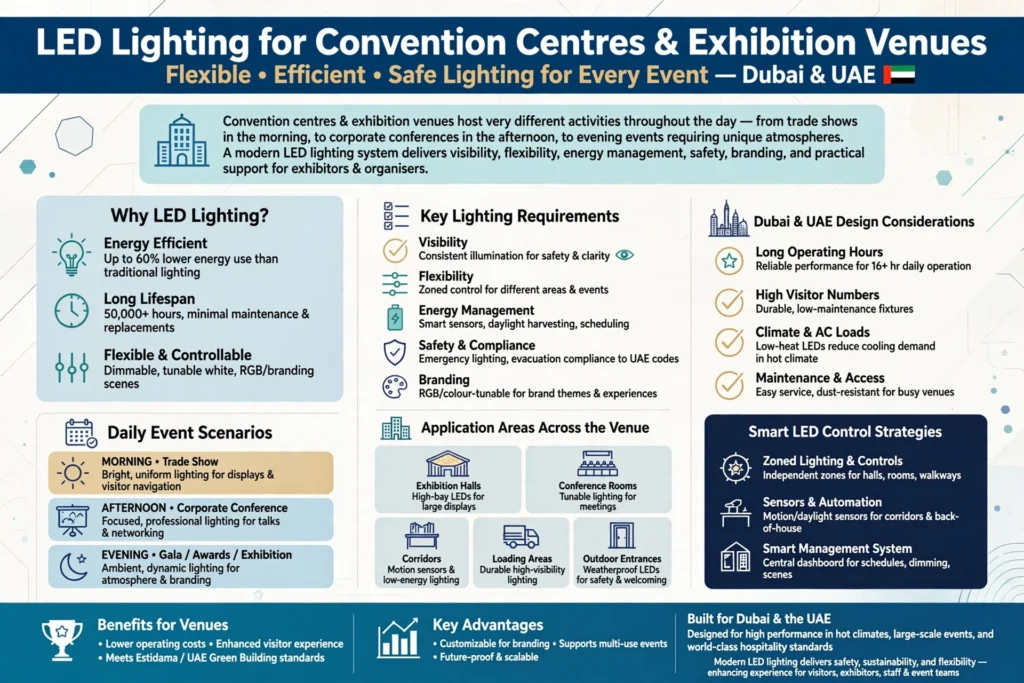 LED lighting installed inside a modern convention centre
