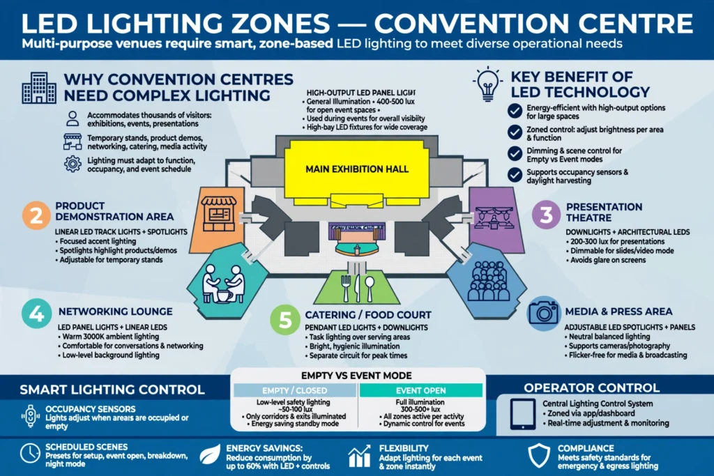 Bright LED lighting across a large exhibition hall