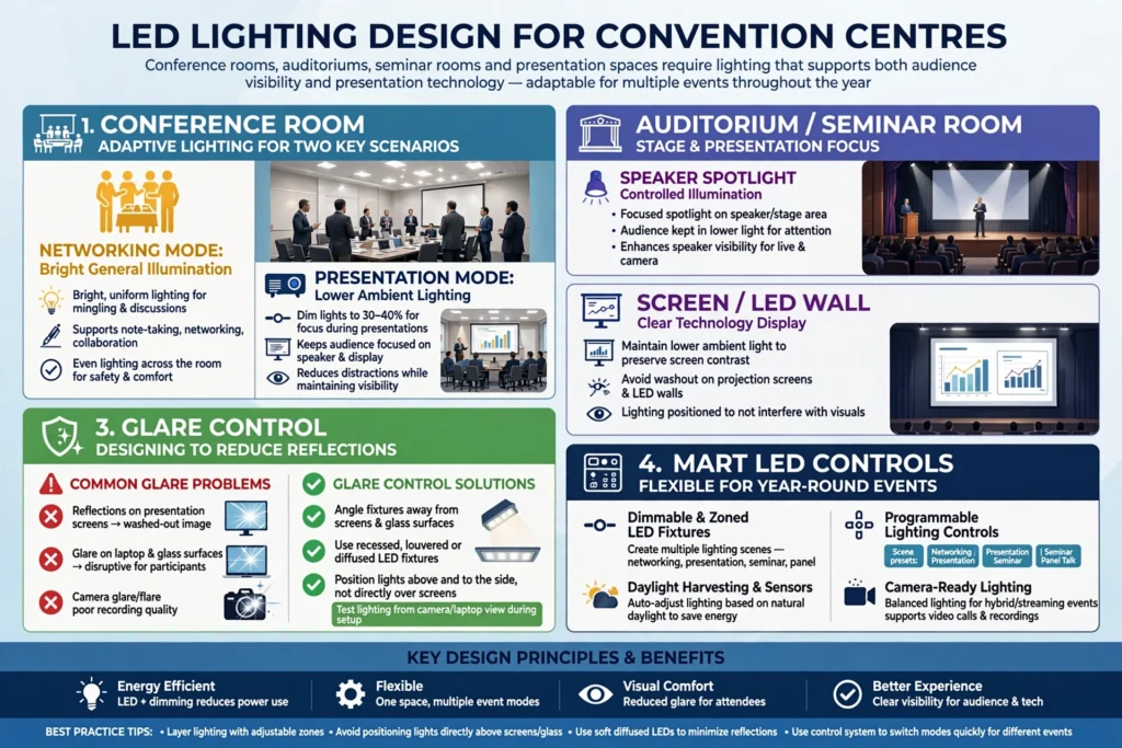 Modern exhibition venue illuminated with energy efficient LED fixtures