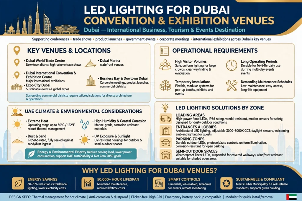 LED lights providing uniform illumination across a trade show hall