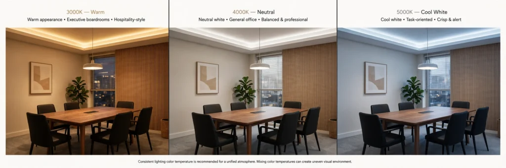 Conference room ceiling lights providing balanced illumination