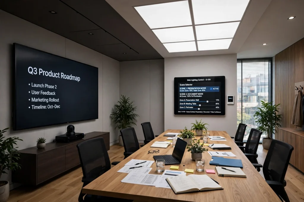 Office meeting room lighting designed for visual comfort