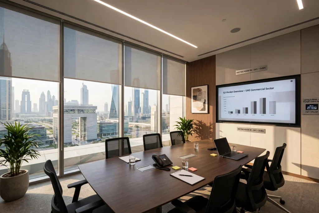 Suspended LED lighting over a modern meeting table