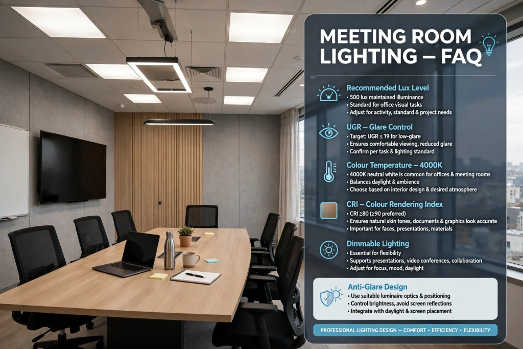 Meeting room lighting system with dimmable LED fixtures