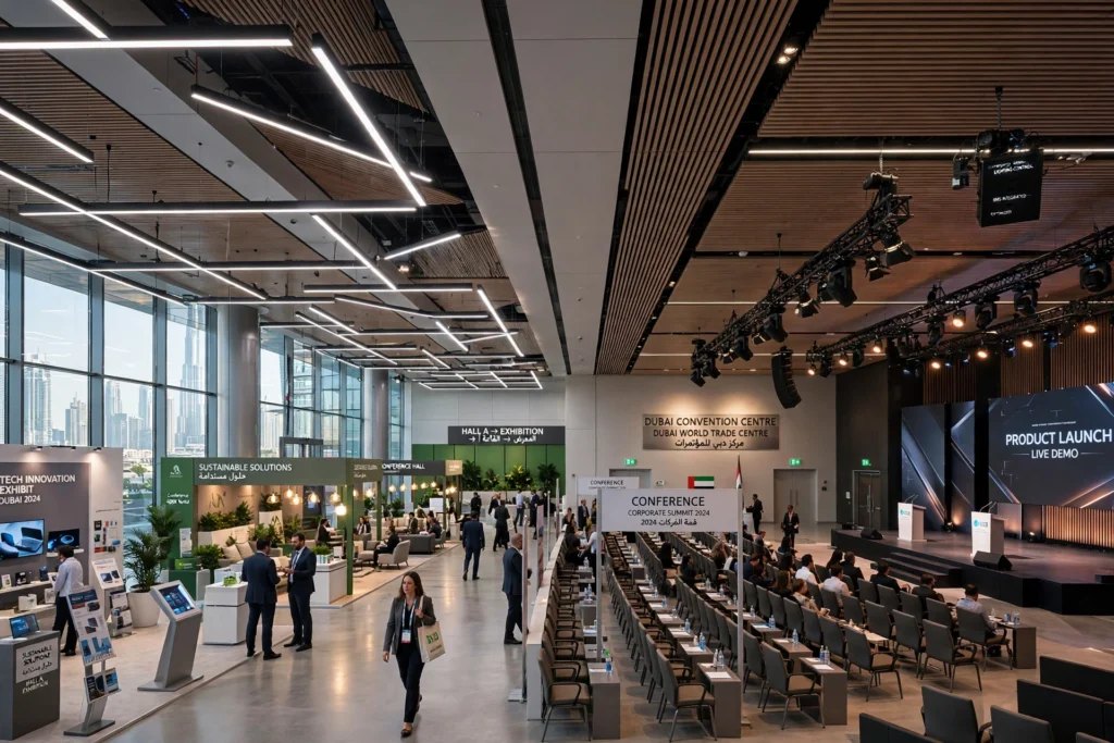 Convention centre lighting design with modern LED fixtures