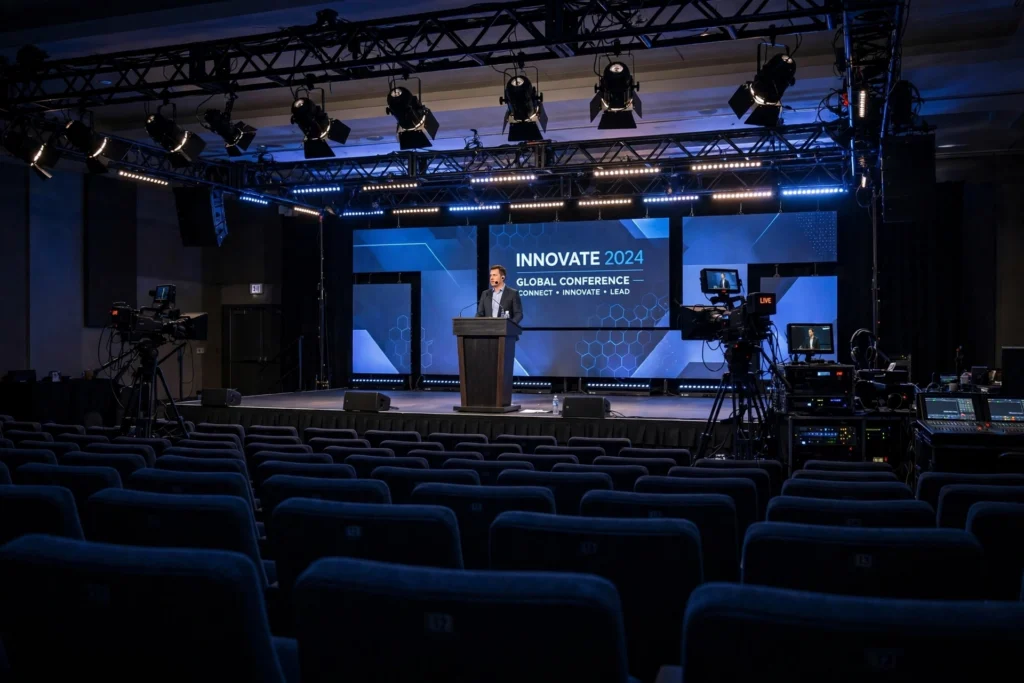 Exhibition hall illuminated with commercial LED lighting