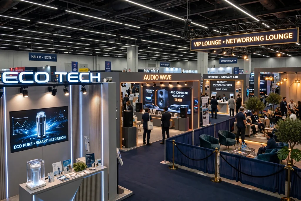 Modern convention hall with professional lighting design