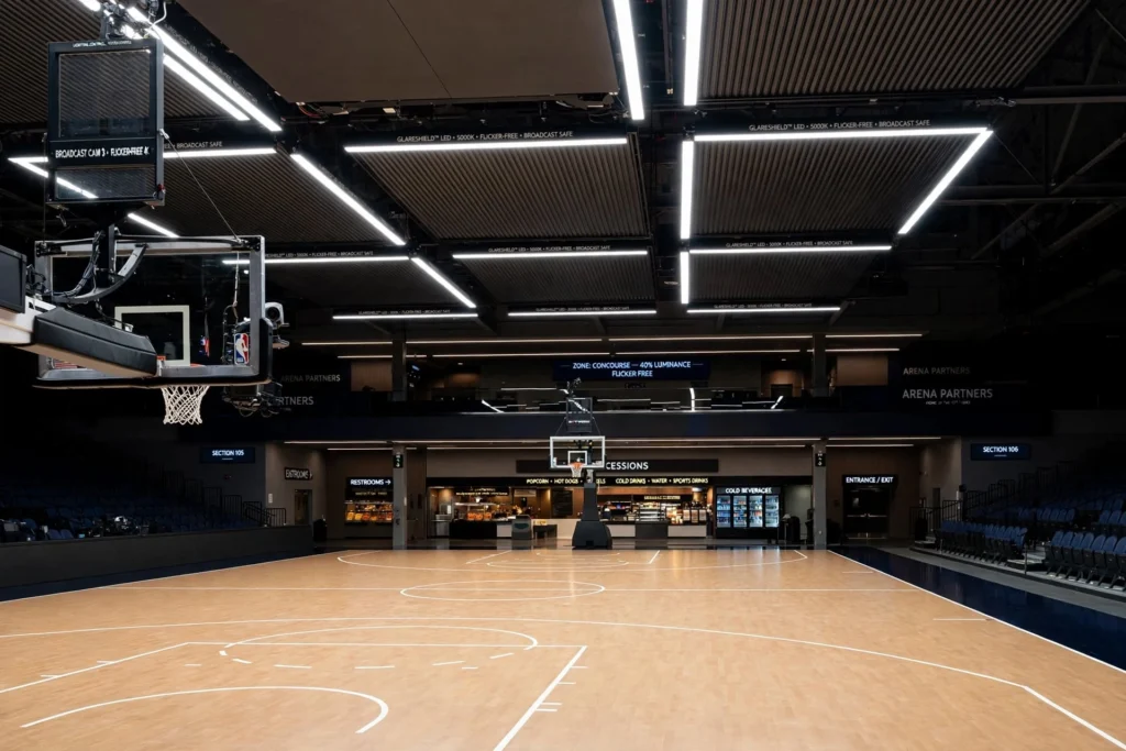 Modern indoor volleyball court with professional LED lights