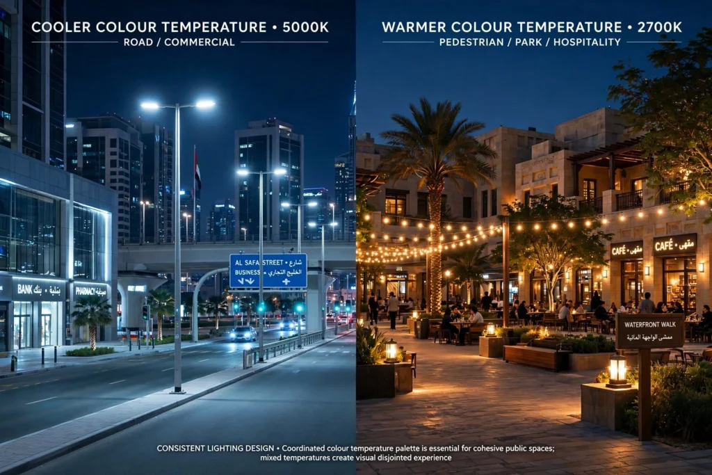 Smart LED lighting poles used in a UAE urban infrastructure project