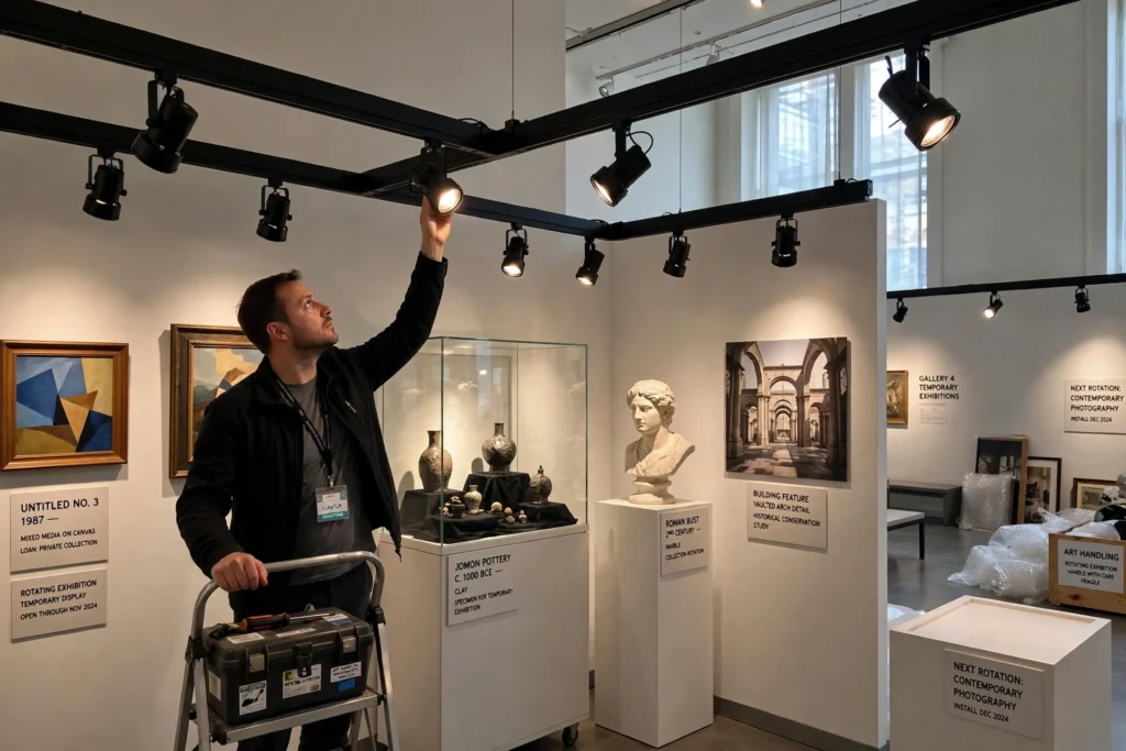 Art gallery with adjustable LED track lighting