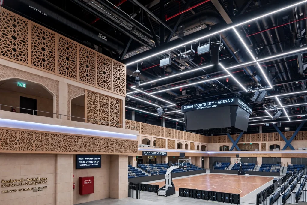 Indoor basketball arena with uniform LED court lighting
