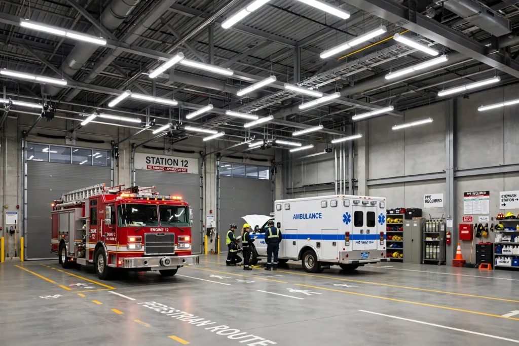 LED lighting for fire station vehicle bays