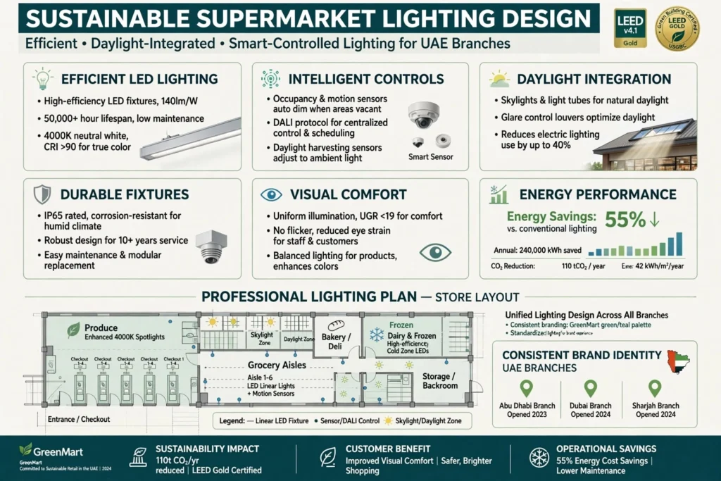 Modern supermarket checkout area with LED ceiling lighting