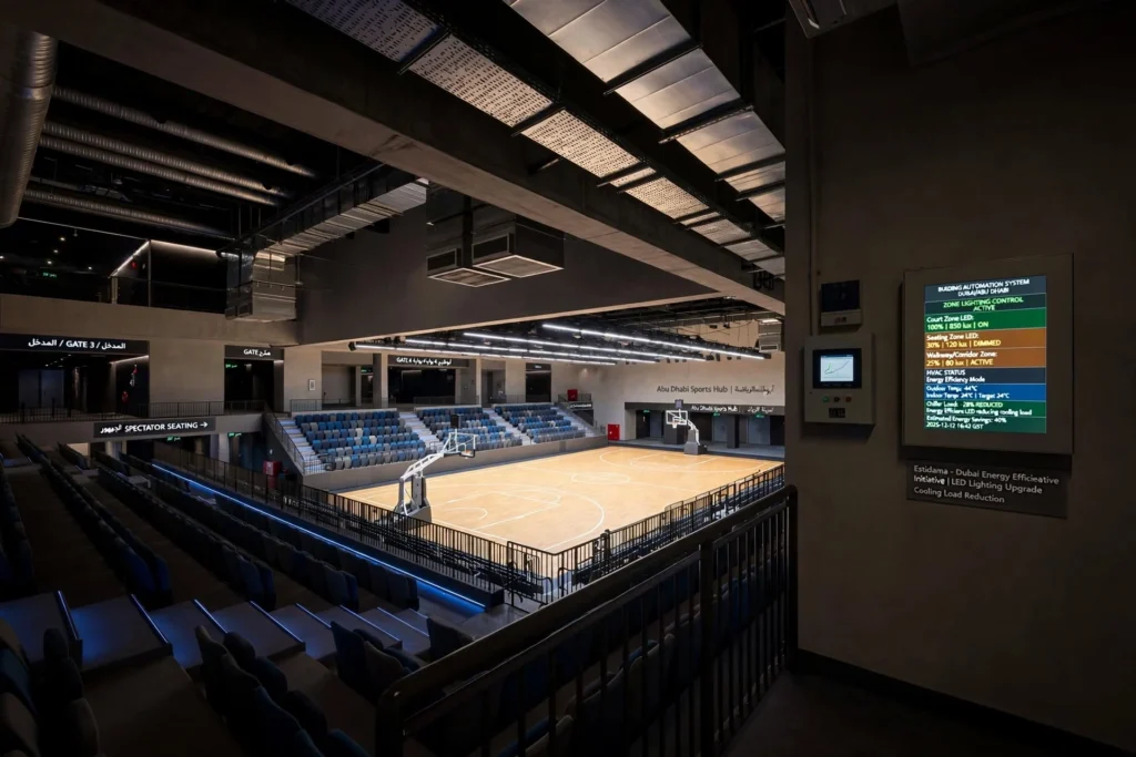 Indoor badminton court with glare controlled LED lighting