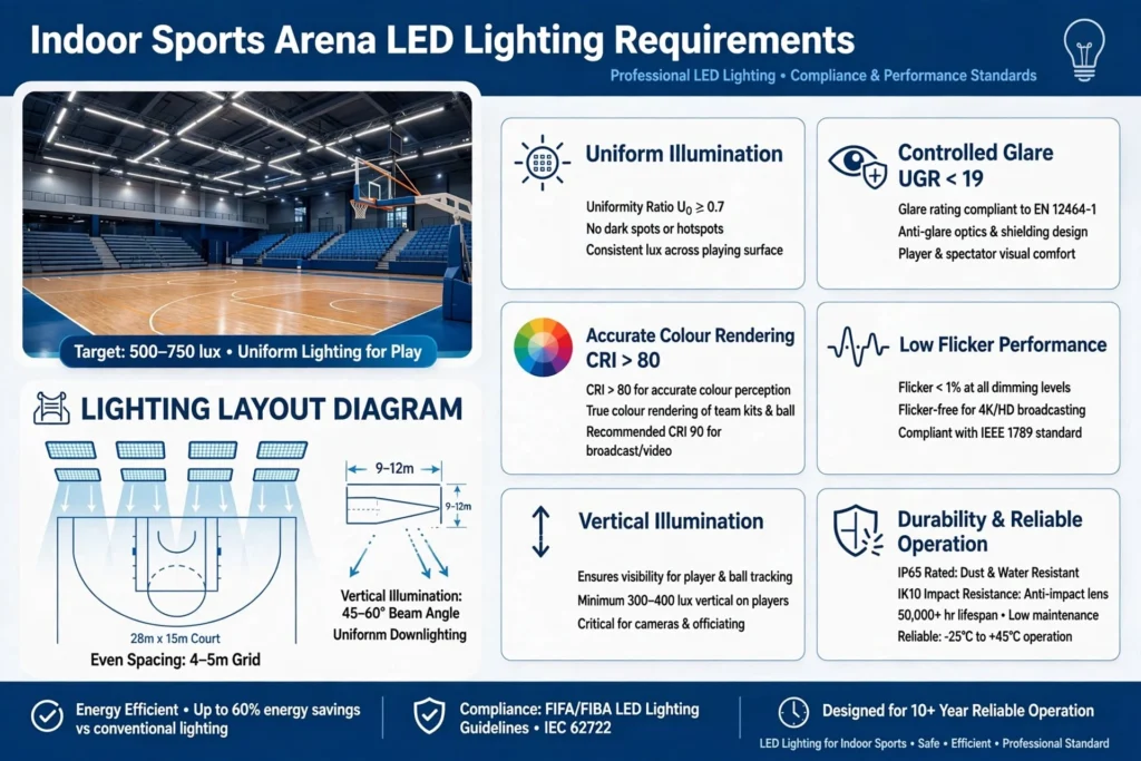 Modern indoor sports arena illuminated with LED lights