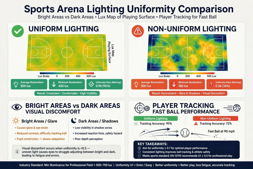High bay LED lights illuminating an indoor basketball court