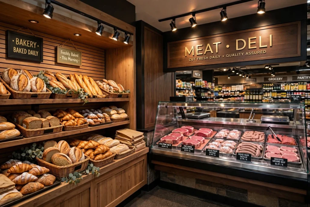 LED aisle lighting illuminating supermarket product shelves
