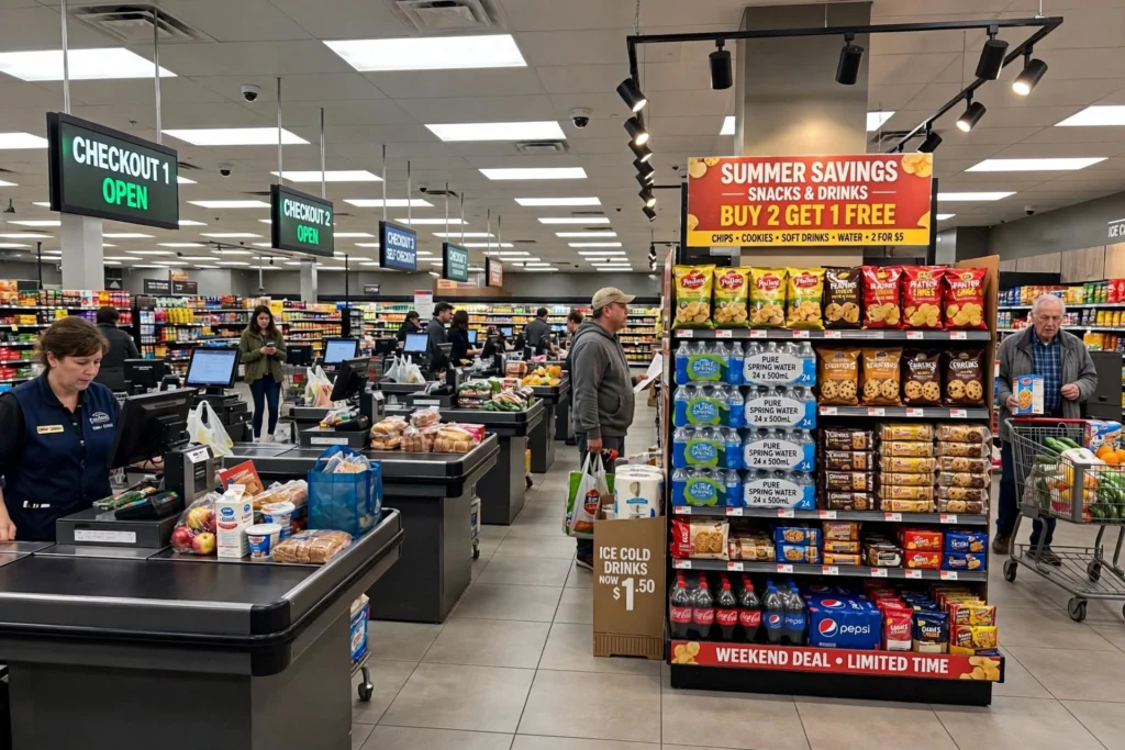 Hypermarket interior with high bay LED lighting